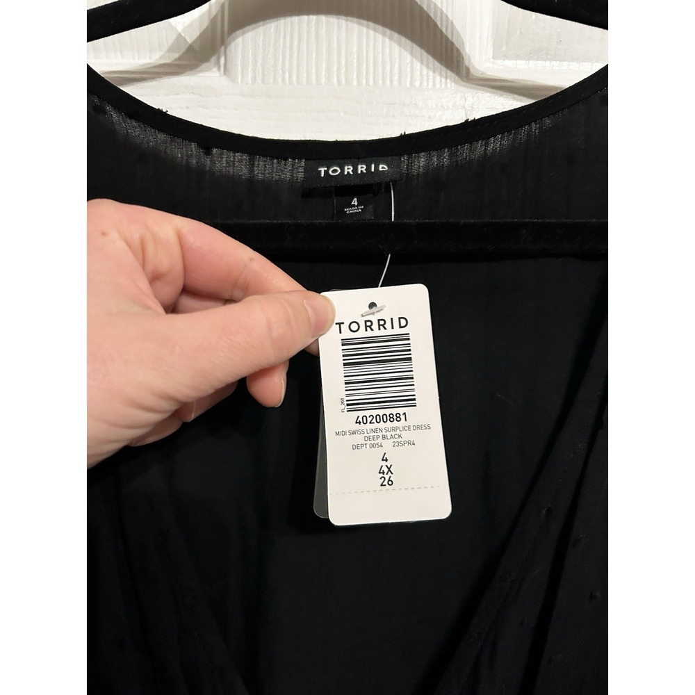 NWT Torrid 4 Dress 26 Midi Swiss Linen Surplice Wrap Dress V-Neck Wrap Tie Black - Picture 6 of 16